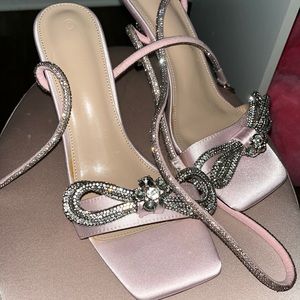 WOMEN RHINESTONE BOW HEELS STRAPPY LACE UP